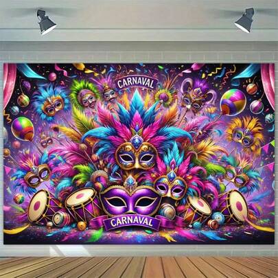 2D Flat 1pc Large Carnival Party Backdrop – Masquerade Ball With Masks, Balloons, And Feather Decorations – Vibrant Magenta, Blue, Green, Gold, Pink, Red, Orange, Yellow, Black, White – Indoor/Outdoor Birthday, Halloween, Diwali, Christmas, Carnival Photo Background – No Electricity Needed, Easy Hanging Setup