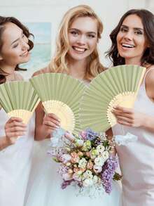 Conjunto de Leque Dobrável Elegante, Inclui Cartão de Agradecimento e Sacola de Presente, Leque Dobrável de Bambu para Noiva, Adequado como Presente para Damas de Honra e Decoração de Casamento, Perfeito para Festas, Eventos e Acessório de Verão - Verde - Visão 4