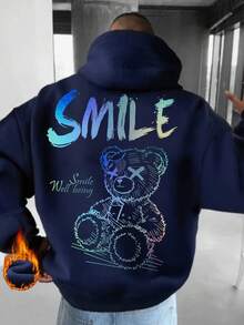 Zrgoth 男士连帽衫，新款秋冬街头风小熊及英文标语印花宽松袋鼠口袋套头卫衣 - 藏蓝色 - 查看 3