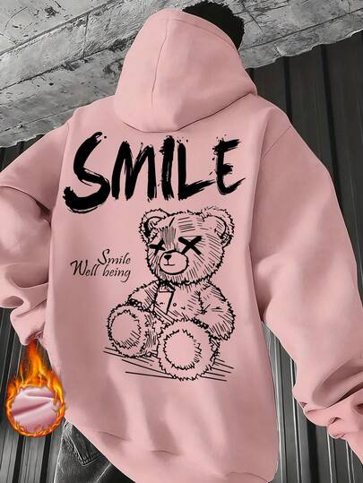 Men's Oversized Hoodie With Bear & English Slogan Print, Casual Kangaroo Pocket Sweatshirt For Autumn/Winter