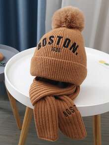 1 set Cappello lavorato a maglia con ricamo a lettera e pon pon per bambini, in maglia nera, ricamo a lettera, decorazione con pon pon, antivento e caldo per testa e collo, adatto per scuola, attività all'aperto, viaggi in autunno/inverno, accessori per bambini - 1 set - Visualizzare 8