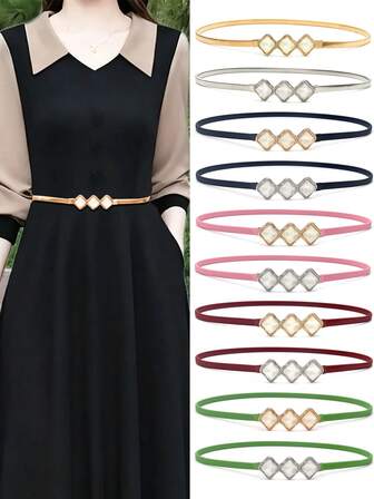 1 st midjebälte i metall för kvinnor, utsmyckat runt metallspänne, flerfärgade alternativ (guld/silver/svart/grön/grön/rosa/vinröd), lämplig för jeans, vardagskläder och klänningar