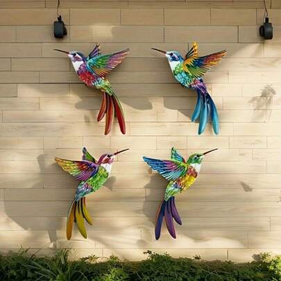 Juego de 4 decoraciones de pared de colibríes de metal 3D, decoración de jardín de metal colorida y vibrante para patio exterior