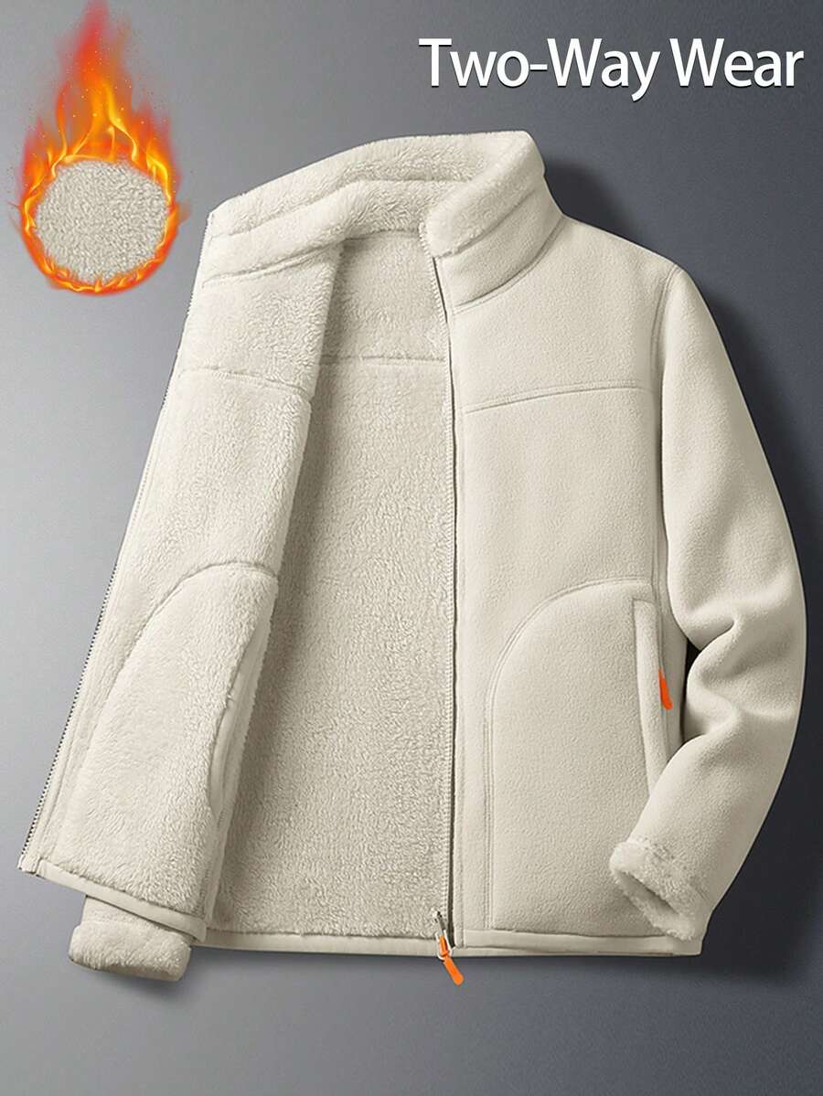 Women's Reversible Warm Winter Jacket - Double-Sided Thick Fleece Jacket, Outdoor Soft Shell Fabric, With Zipper Pockets, Fashionable Sporty Hooded Sweatshirt, Suitable For Autumn/Winter Daily Wear, Weekend Leisure, Jogging And Travel White - White - View 1