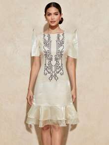 Amyenjoylife Modernes Filipiniana Kleid mit stehenden Ärmeln, rundem Ausschnitt, Patchwork-Muster, langes Kleid, formelle Kleider für Frauen, modernes Filipiniana Kleid - Champagnerfarben - Übersicht 1