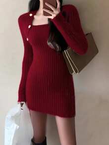 女士秋冬优雅修身毛衣连衣裙 - 酒紅色 - 查看 4