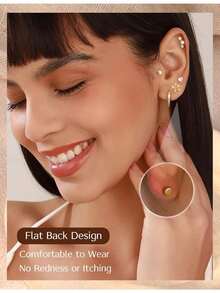 Flat Back Earrings For Women Hypoallergenic Surgical Stainless Steel Earrings For Sensitive Ears 14K Gold Plated Heart Flower Stud Earring Set Age:Over 4 Years Old - Nhiều màu - Xem 4