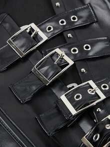 1pc Halloween/Christmas Party Sexy Black Top With Adjustable PU Waist Belt, Slimming And Lifting, Suitable For Holiday Parties - Multicolor - View 4