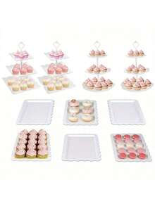 10 Pcs Cake Stand White Plastic Dessert Table Display Set 4 Pcs 3 Tired Cupcake Stand Cookie Tray Rack Serving Tray Cake Display Tower And 6 Pcs Dessert Trays For Wedding Baby Shower Tea Party (White) - 2 Squares + 2 Flower Shapes + 6 Trays - View 9