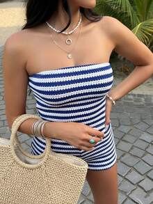 Conjunto de 2 piezas para mujer: top palabra de honor y shorts cortos a rayas, ideal para la playa o para uso diario en verano. - Azul - Ver 6