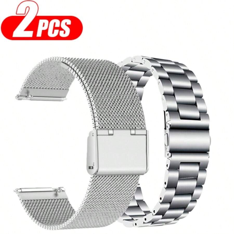 2条装男女通用合金表带，兼容三星、华为、Amazfit手表，简约运动表带，通用尺寸20mm/22mm，智能手表替换腕带，时尚智能手表表带，兼容三星Galaxy Watch 7/6/5/4（40mm/44mm），表带配件 - 銀色 - 查看 1