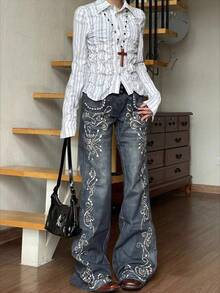 European And American Retro Jeans Women's Street Hot Girl Gem Pattern Design Sense Micro Trousers Casual Trousers - Image Color - View 3