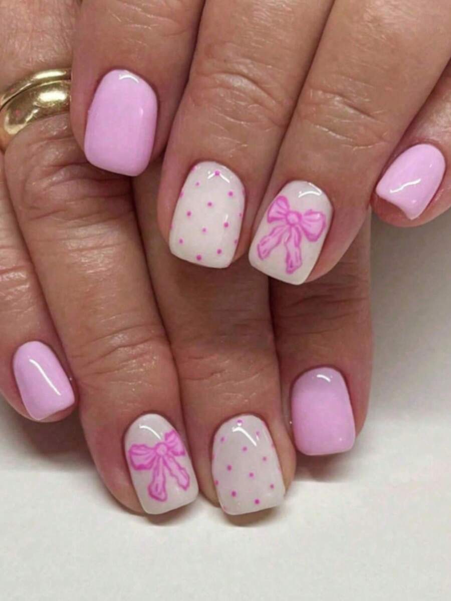 Milania Upgrade Your Style Instantly, 24pcs/Set Minimalist Short Square Pink Cute Bow Press-On Full Cover False Nails, Comes With 1pc Jelly Gel And 1pc Nail File Set To Add A Touch Of Romance, Making You Look Sweet For Daily Dates