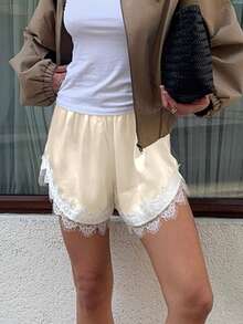 Women Floral Lace Trim Satin Shorts Silky Slip Culotte Pettipants French Knickers Y2k Lounge Short Bloomer Bottoms - 香檳色 - 查看 2