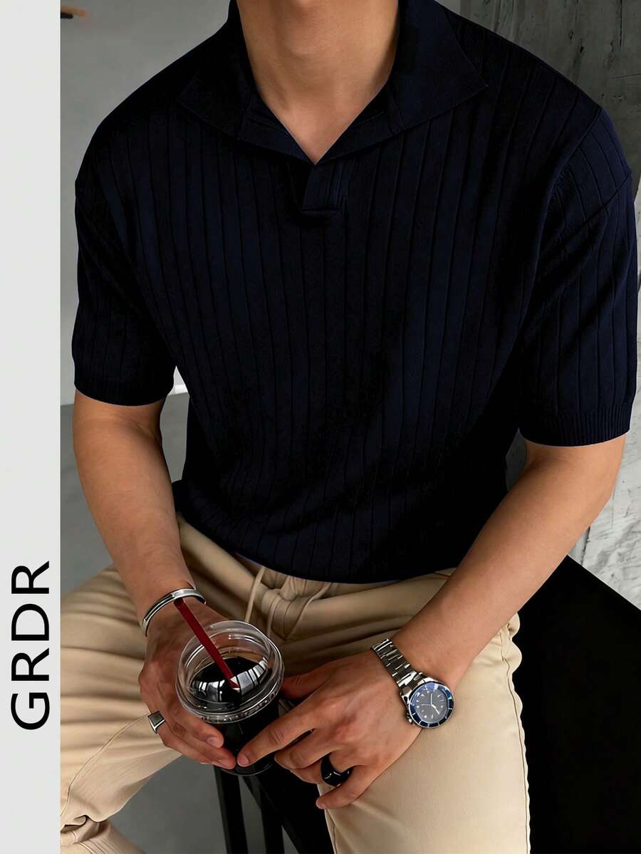 GRDR Men's Loose Thin Ribbed Polo Collar Knit Shirt, Short Sleeve, Summer - Navy Blue - View 1