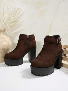 Botas de tobillo con plataforma y tacón alto grueso, versátiles y impermeables, de moda - Café integral - Ver 7