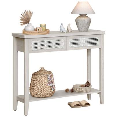 VASAGLE Mesa de Consola para Recibidor, Mesa de Entrada Delgada, Mesa de Sofá con 2 Cajones, Esquinas Redondeadas, Estilo Boho, Beige Avena