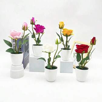 1 kruka konstgjord tvåhövdad pärlros, svart sandkruka, konstgjord blomdekoration i kruka, lämplig för Thanksgiving, alla hjärtans dag, bröllop, Halloween, fest, hotell, mors dag och olika tillfällen bordsdekoration, lämplig för matbord, vardagsrum, sovrum, skrivbord, etc.