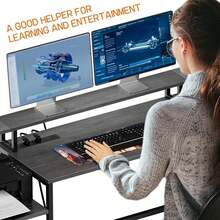 L-Shaped Reversible 76-Inch Textured Computer Desk With Filing Drawer For Home Office Or Corner Office, With Storage And Power Outlet, L-Shaped Computer Desk With Shelf - Grey - View 2