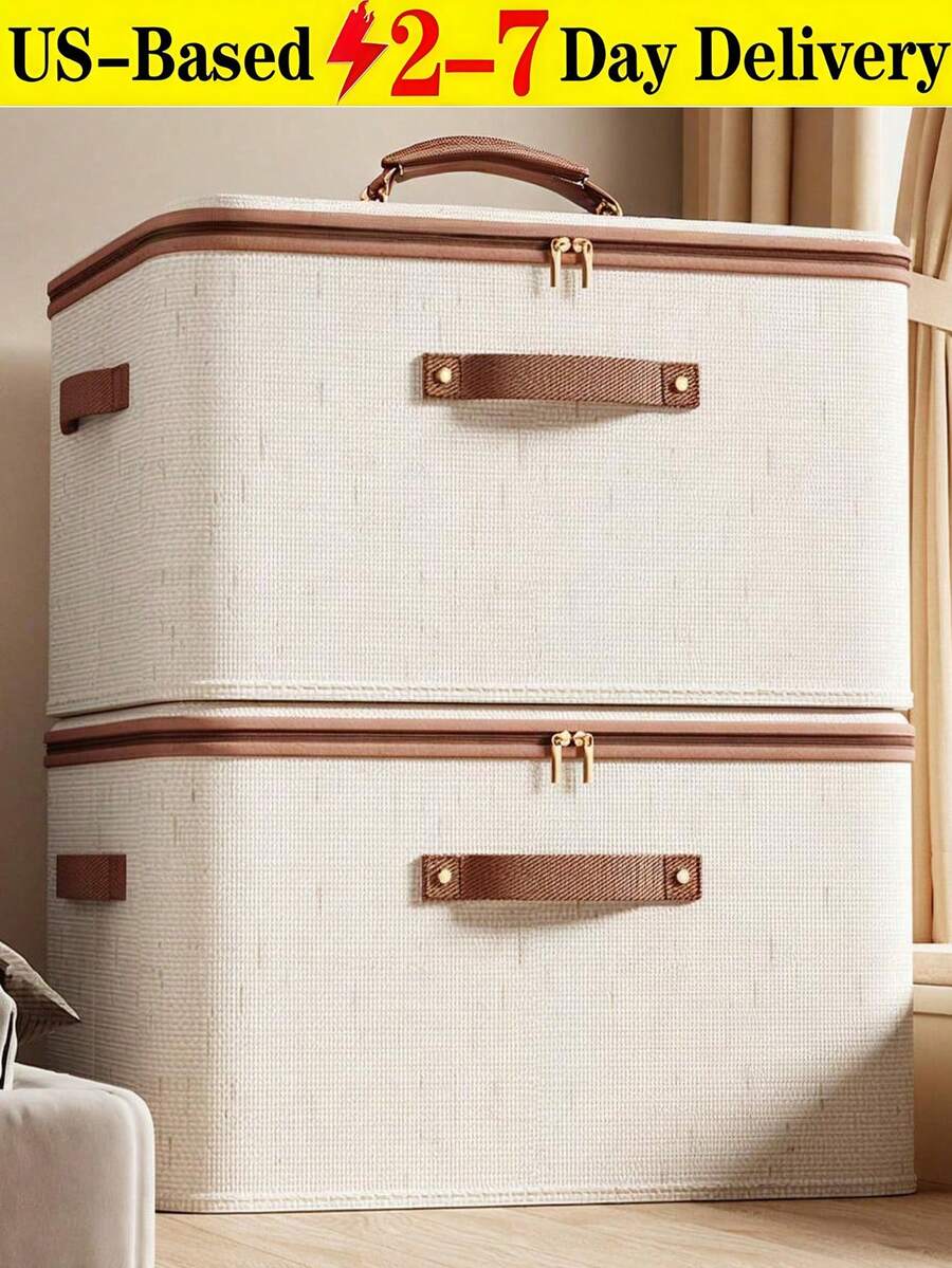 1pc Dustproof Storage Box With Lid Large Capacity Foldable Clothes Storage Box Double Thickness Moisture-Proof Storage Box, Under-Bed Storage Collapsible Closet Organizer Container, Fabric Organizer Box With Handles, Decorative Storage Boxes With Lids For Organizing Clothes, Books, File, White, Medium - 彩色 - 查看 1