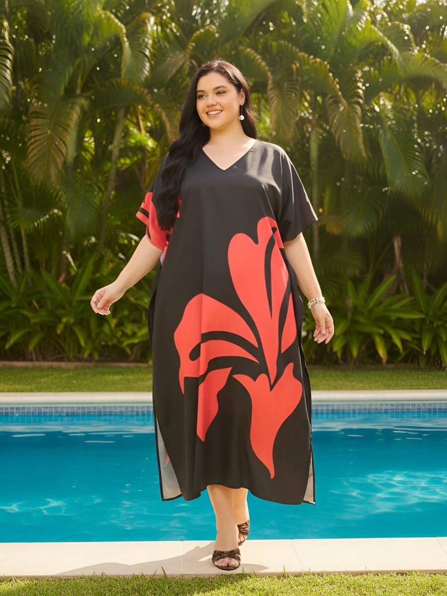 Gypsie Blu Floral Women Kaftan Dress Curve Housedress Loungwear Beach Swimsuit Cover Up - 黑色02 - 查看 1