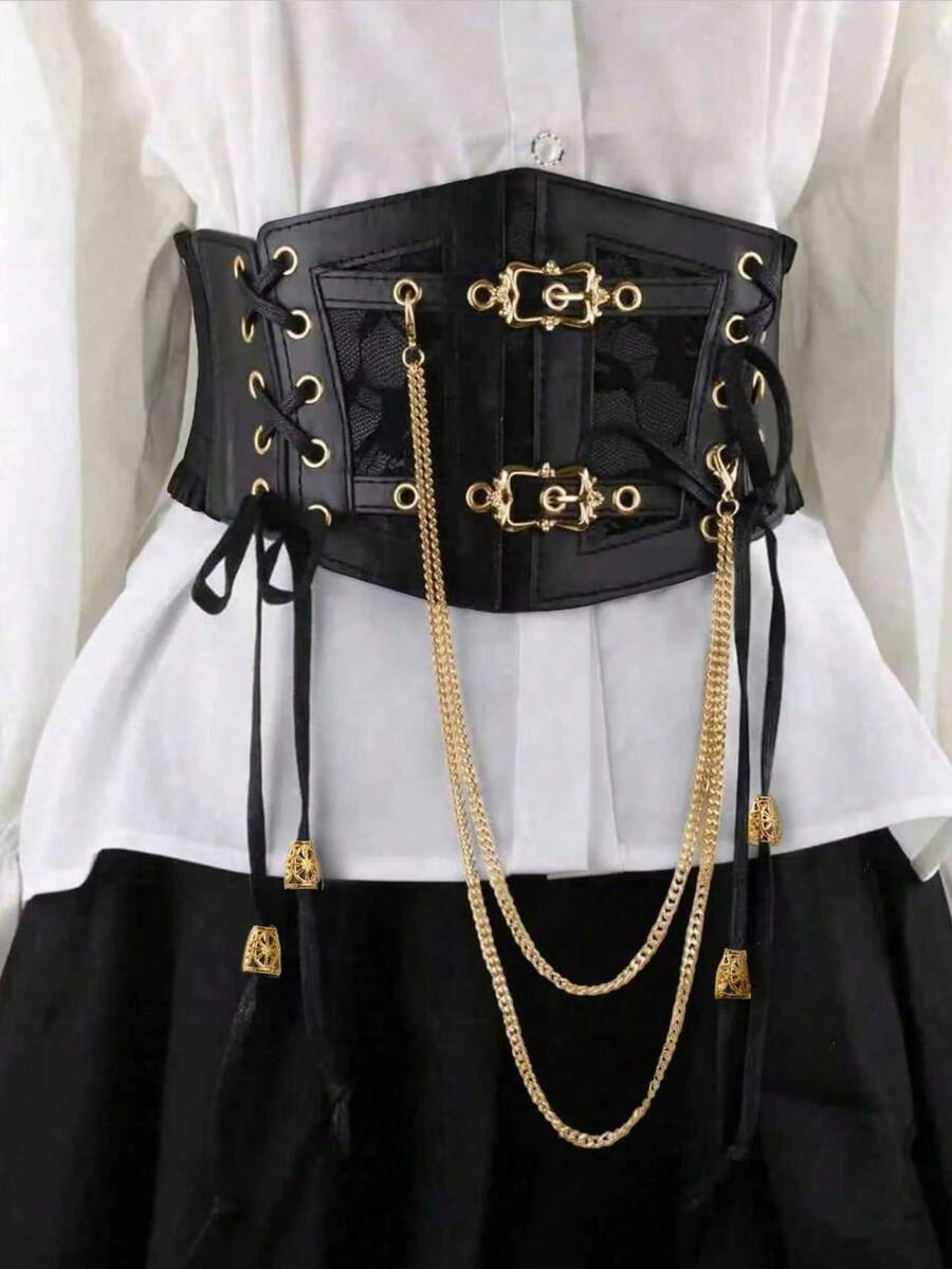 1 件深色朋克风格弹性紧身胸衣腰带，花卉印花 PU 皮革，适合日常穿着，适合连衣裙、腰部训练器、女士瘦身、四季万圣节服装