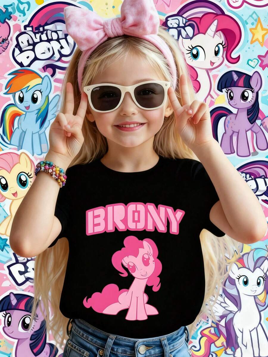 [ma baoli] camiseta de verano para niñas - ziyue y patrón estampado de dibujos animados para amigos - suéter estampado de cuello redondo, con tejidos blandos de poliéster, adecuado para niñas de verano, adecuado para envíos de tiendas locales, ropa de verano para niñas de estilo dibujos animados, adecuado para ocasiones diarias, fiestas, al aire  viajes. - Negro - Ver 1