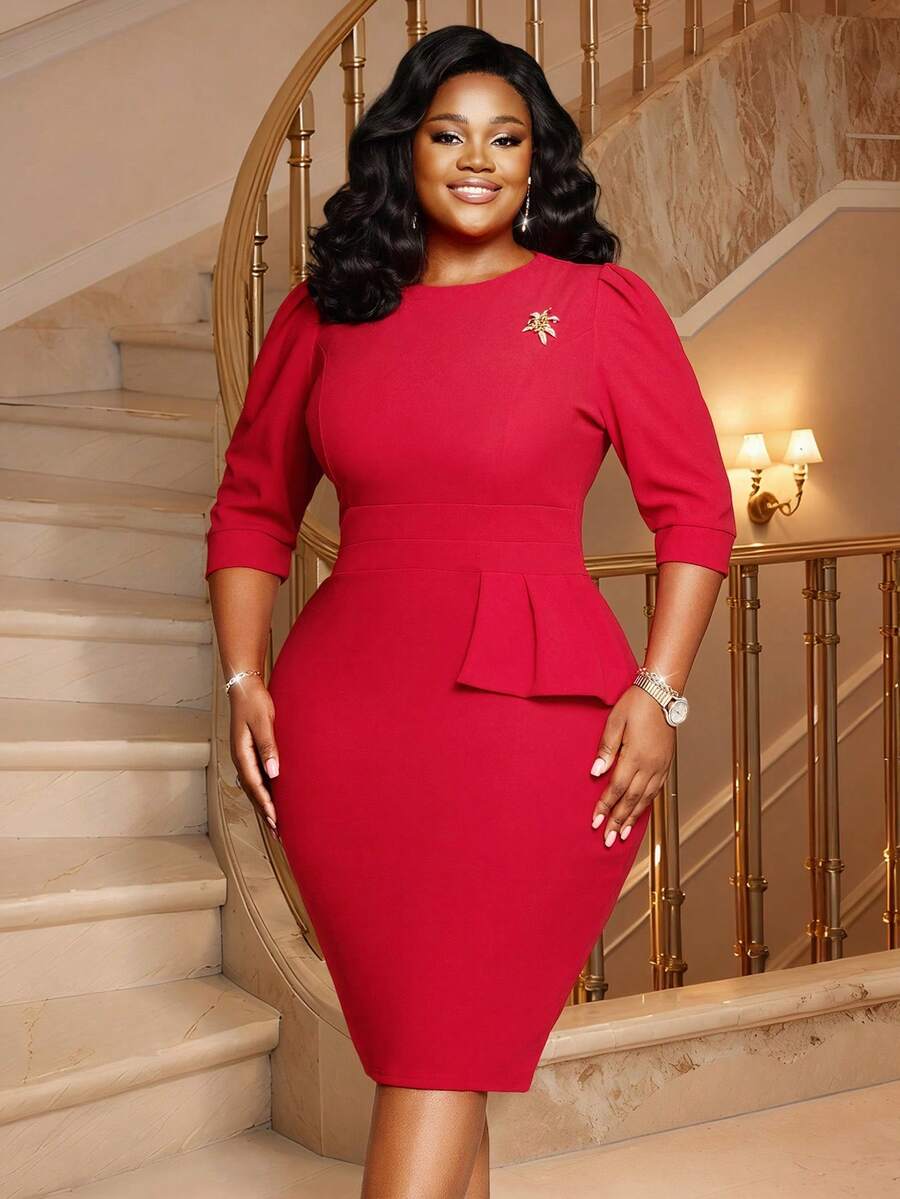 QIANZHIDU Elva Women's Round Neck Fashionable Commuter Elegant Work Fitted Sheath Dress - Red - View 1