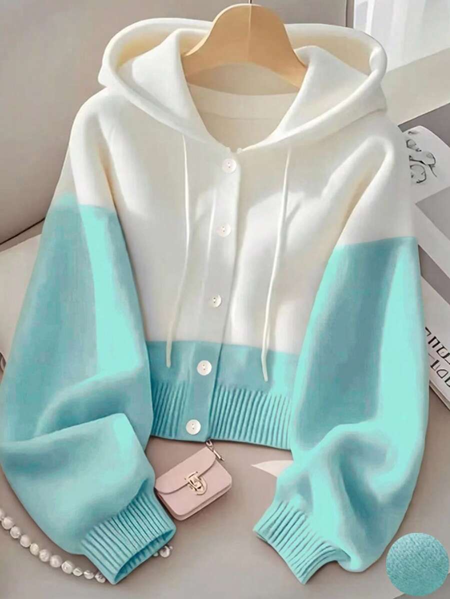 女士休闲撞色长袖连帽针织开衫毛衣 - 綠色 - 查看 1