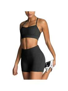 Golf Outfit Women Gym Set Women's Workout Sets 2 Piece Yoga Outfits High Waisted Yoga Leggings Shorts And Sports Bra Gym Clothes Tracksuit Sport Bras+ Sport Short, Yoga Sets Women Vacation Outfits Women,Conjuntos Deportivos De Mujer - 黑色 - 查看 5