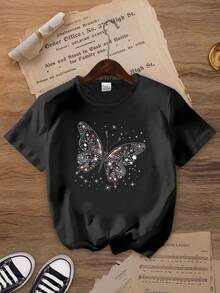 Camiseta de mujer de manga corta con cuello redondo y estampado gráfico de mariposa, top de verano con estampado gráfico para uso casual diario - Negro - Ver 1