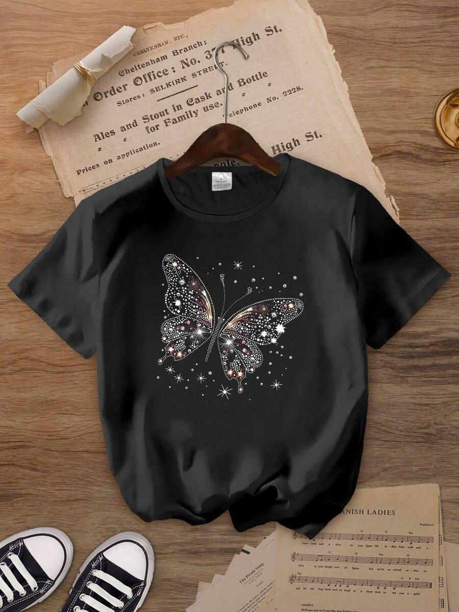 Camiseta de mujer de manga corta con cuello redondo y estampado gráfico de mariposa, top de verano con estampado gráfico para uso casual diario - Negro - Ver 1