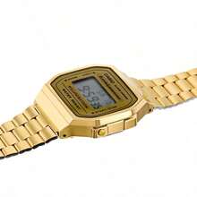 1 pieza Reloj digital retro de tono dorado Casio para hombres - Banda de reloj de acero inoxidable de lujo, reloj impermeable de moda masculino con iluminador, ideal para uso diario y apariencia