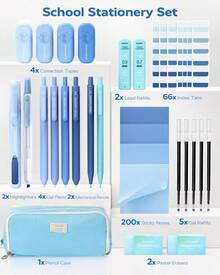 Four Candies Aesthetic School Supplies, Gel Pens With Black Ink, Correction Tapes, Pastel Highlighters,Mechanical Pencils, Sticky Notes, Index Post For Bible Study Supplies With Case Stationary - Blue - View 8