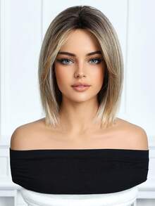 10 Inch Piano Color Short Bob Wig, Dark Roots, Heat Resistant Synthetic Wig, Suitable For Women's Daily Wear, School And Music Festival Celebrations, Graduation And Holiday Gifts, Exquisite Accessory - 間色 - 查看 3
