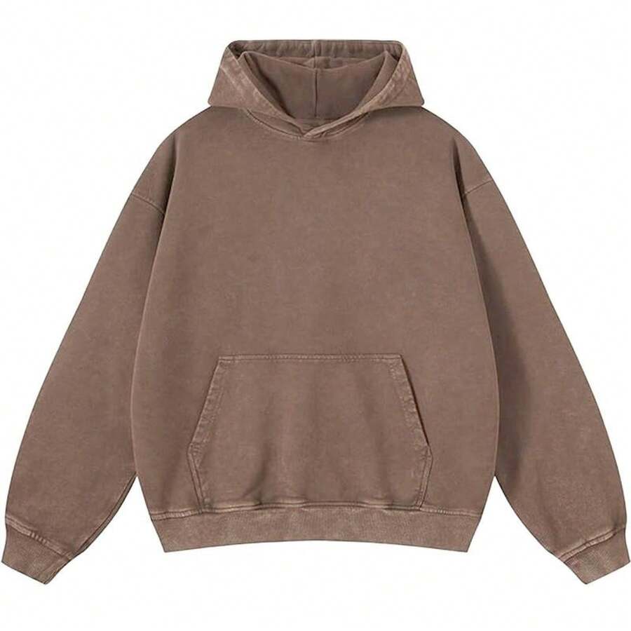 JeansFly Womens Oversized Acid Wash Hoodie Pullover Sweatshirts Vintage Loose Fit Winter Long Sleeve Shirts Outfits Tshirts&Hoodies DG010 Cotton Blend - 咖啡 - 查看 1