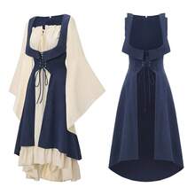 2pcs Medieval Renaissance Women's Costume, Low-Cut Pirate Peasant High-Low Hem Dress With Collar, Vintage Contrast Color Fitted Dress, Flared Sleeves, Maxi Skirt, One-Shoulder Dress, For Women Cosplay Performance - 彩色 - 查看 25
