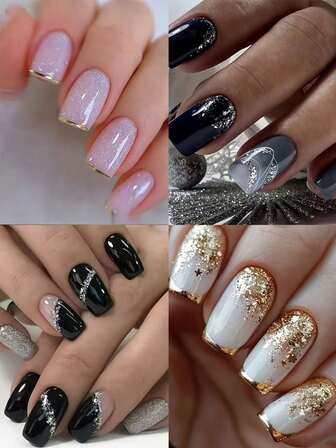 96pcs Mixed Color Square Press-On Nails Set, Including Black-Gray Ombre Glitter, Pink Pearl & Gold French Tips, Silver-Gold Fine French Tips Decor, Fashionable & Versatile, 12 Sizes, Suitable For Women's Daily & Party Nail Art Decoration, Can Be Used As Gift