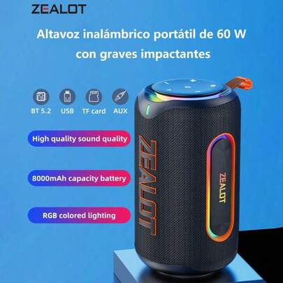 ZEALOT MP1 Altavoz Karaoke 60W Bluetooth: 8000mAh (8H), Bass Potente, Surround 360°, RGB Dinámicas, Emparejamiento Duplo, SD/USB/AUX, Hands-Free – Ideal para Fiestas/Playa/Camping/Coche