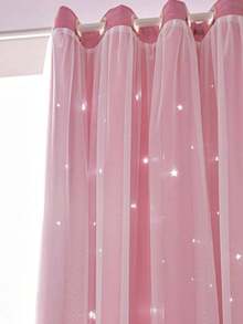 1pc Hollow Star Blackout Curtain, Double Layer Thermal Insulated Curtain For Bedroom, Lace Curtain Romantic Princess UV Protection - Pink - View 5