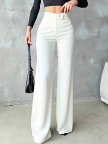 Women's Solid Black Casual Elegant Straight Leg Pants, Essential Back-To-School Item, Asymmetric V-Waistline Accentuates Curves, Suitable For Daily Wear, Office, Dates, Vacation And More White Spring - White - View 7