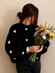 Autumn And Winter Women's Valentine's Day Cute Casual Heart-Patterned Loose-Fit Fashionable Sweater With Round Neck And Long Sleeves, Basic Sweater, Business Casual Women's Clothing, Autumn Top, Autumn Sweater, Women's Winter Clothing, Women's Autumn And Winter Clothing, Autumn Clothing - Black - View 4