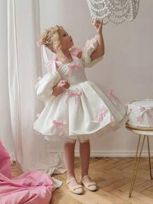 Young Girl Spaghetti Strap Bow Puff Sleeve Princess Dress, Suitable For Children Birthday Party, Flower Girl, Wedding, Banquet, Prom, Holiday Celebration - White - View 1