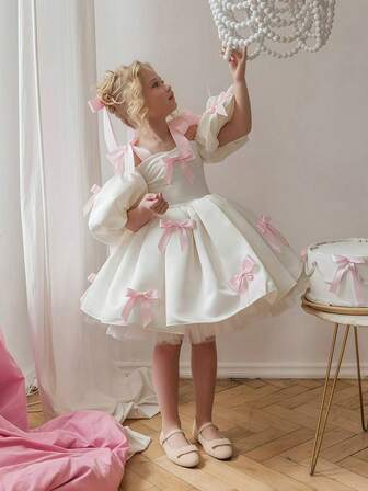 Young Girl Spaghetti Strap Bow Puff Sleeve Princess Dress, Suitable For Children Birthday Party, Flower Girl, Wedding, Banquet, Prom, Holiday Celebration