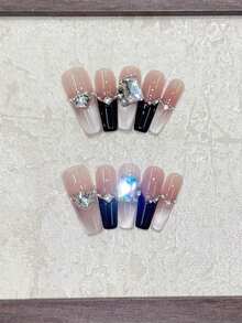 10片装奢华猫眼美甲贴纸，镶嵌黑色水钻和方形钻石，轻盈百搭，适合约会、日常佩戴、音乐会、节日等场合 - 可重复使用的手工美甲贴片，含果冻胶和迷你指甲锉，美甲用品 - 彩色 - 查看 7