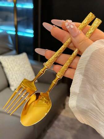 2/4/6/8pcs Stainless Steel Patterned Waist Spoons & Forks, Pasta/Salad Spoons & Forks, Soup/Rice Spoons, Dessert/Cake Forks, Suitable For Home, Restaurant, Party, Gift