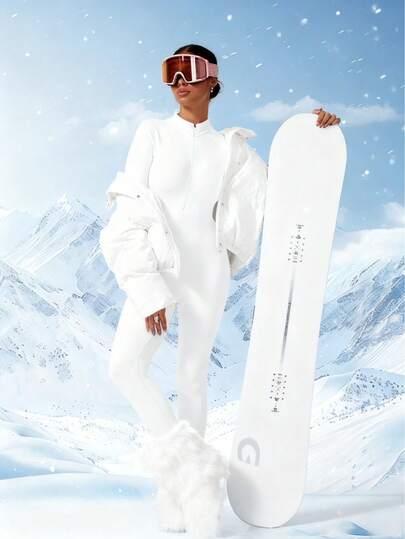 1pc Women Outdoor Sports White Long Sleeve Ski Jacket, Fashionable Ski Suit For Ladies, Women Ski Wear For Winter Sports