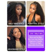 ZHENDEFA Wear & Go Invisible Hairline Wave Adhesive-Free 3-In-1 Half Wig, 180% Density Real Human Hair Wig, Flip-Over Seamless, Beginner-Friendly