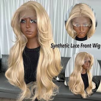 Parrucca frontale in pizzo bionda lunga 22 pollici con onde e riflessi, frangia a tendina, parrucca sintetica Kanekalon Futura senza colla, resistente, con densità del 150%, pronta da indossare, adatta per uso quotidiano, feste, festival e vacanze, facile da usare, parrucca in pizzo trasparente