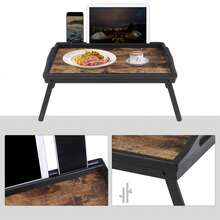 SONGMICS Mesa de Cama con Patas Plegables de Bambú, Bandeja de Desayuno de Sofá, Cama, 42 x 30 x 22 cm, Portátil, Marrón Rústico - Óxido marrón - Ver 10
